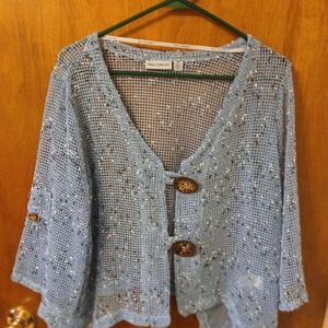 Nina Leonard Light Blue Open-Knit Cardigan
